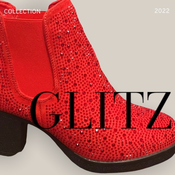 3 Left! Metallic Red Rhinestone Embellished Slip On Chelsea Heeled Booties - Picture 2 of 7